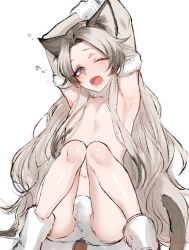 Rule 34 | 1boy, ;o, animal ears, arm warmers, arms up, bulge, cat boy, cat ears, cat tail, grey eyes, highres, long hair, looking at viewer, male focus, morino bambi, one eye closed, original, topless male, sidelocks, silver hair, sitting, tail, trap, underwear, very long hair, white background, white footwear, yawning