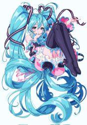 Rule 34 | 1girl, aqua eyes, aqua hair, artist name, bare shoulders, black thighhighs, bow-shaped hair, detached sleeves, fingernails, floating, floating hair, frilled skirt, frills, full body, hair between eyes, hair ribbon, hand on own face, hatsune miku, highres, kisumi rei, long fingernails, long hair, looking at viewer, nail polish, pink nails, ribbon, skirt, smile, solo, striped ribbon, thighhighs, twintails, twitter username, very long hair, vocaloid, white background