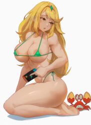 Rule 34 | 1girl, absurdres, alterlesott, areola slip, barefoot, bikini, blonde hair, breasts, covered erect nipples, feet, highres, large areolae, large breasts, legs, long hair, looking to the side, mythra (xenoblade), nintendo switch, sitting, soles, solo, super star (mario), swimsuit, thick thighs, thighs, toes, xenoblade chronicles (series), xenoblade chronicles 2, yellow eyes
