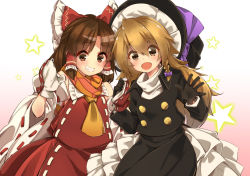 Rule 34 | 2girls, bad id, bad pixiv id, benikurage (cookie), black gloves, black shirt, black skirt, blonde hair, blush, bow, braid, brown eyes, brown hair, commentary request, cookie (touhou), cowboy shot, detached sleeves, eyes visible through hair, frilled bow, frilled hair tubes, frills, gloves, gradient background, grin, hair between eyes, hair bow, hair tubes, hakurei reimu, hat, hat bow, holding hands, kirisame marisa, long hair, long sleeves, looking at viewer, medium hair, meji aniki, mittens, multiple girls, open mouth, parted bangs, purple bow, red bow, red gloves, red shirt, red skirt, rei (cookie), ribbon-trimmed sleeves, ribbon trim, shirt, side braid, single braid, skirt, smile, star (symbol), touhou, turtleneck, white background, white shirt, white sleeves, witch hat