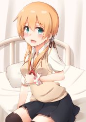 Rule 34 | 10s, 1girl, absurdres, alternate costume, bad id, bad pixiv id, bed, blonde hair, blush, green eyes, highres, kantai collection, kapatarou, looking at viewer, low twintails, pillow, polka dot, polka dot scrunchie, prinz eugen (kancolle), school uniform, scrunchie, smile, solo, sweater vest, thighhighs, twintails, wrist scrunchie, zettai ryouiki
