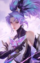 Rule 34 | 1girl, akali, bare shoulders, bow, character request, hair bow, highres, kama (weapon), league of legends, long hair, looking at viewer, ponytail, purple hair, rellapzz3, sickle, sleeveless, solo, star guardian akali, tagme, ultraviolet light, weapon