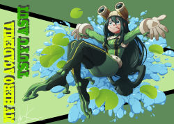 Rule 34 | 1girl, artist request, asui tsuyu, black thighhighs, bodysuit, boku no hero academia, character name, frog, full body, gloves, goggles, goggles on head, green hair, highres, invisible chair, jung eui jin, lily pad, long hair, sitting, solo, tagme, thighhighs, tongue, very long hair, water