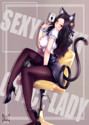 Rule 34 | 1girl, animal ear fluff, animal ears, artist logo, artist name, bad id, bad pixiv id, bell, between legs, black footwear, black hair, black pantyhose, black skirt, blade &amp; soul, blouse, blush, breasts, cat ears, cat girl, cat tail, chair, chair tipping, commentary, commission, english commentary, english text, eyebrows, formal, full body, gainoob, grey background, hair bell, hair ornament, hand between legs, hand up, high-waist skirt, high heels, holding, id card, large breasts, lipstick, long hair, looking at viewer, makeup, office chair, office lady, original, pantyhose, plantar flexion, puffy sleeves, red eyes, shirt, short sleeves, sitting, skirt, skirt suit, smile, solo, suit, swivel chair, tail, text focus, tight clothes, wavy hair, white shirt