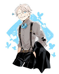 Rule 34 | 1boy, ascot, belt, black pants, blue ascot, brooch, brown belt, bug, butterfly, buttons, cheekbones, collared shirt, facial hair, fate/grand order, fate (series), grey hair, grey shirt, hair between eyes, hands in pockets, highres, holding, holding clothes, holding jacket, insect, jacket, james moriarty (archer) (fate), jewelry, male focus, mustache, old, old man, one eye closed, oneroom-disco, pants, shirt, short hair, smile, solo, suspenders, white background, wrinkled skin