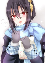 Rule 34 | 1girl, alternate costume, asymmetrical bangs, black gloves, black hair, blush, coat, fire emblem, fire emblem engage, gloves, grey gloves, hair between eyes, hair ornament, highres, kirishima riona, long sleeves, looking at viewer, nel (fire emblem), nintendo, open mouth, red eyes, scarf, short hair, simple background, smile, upper body, winter clothes, winter coat