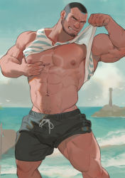 Rule 34 | 1boy, abs, absurdres, armpits, atcesolcyc, bara, bare pectorals, beard, biceps, body hair, brown hair, bulge, buzz cut, chest tattoo, clothes lift, clothes pull, cowboy shot, creatures (company), facial hair, facial mark, feet out of frame, flexing, game freak, grabbing, grabbing own breast, green shorts, groin, highres, large pectorals, lifted by self, male focus, matt (pokemon), mature male, muscular, muscular male, navel, navel hair, nintendo, nipples, paid reward available, pectoral grab, pectorals, pokemon, pokemon oras, shirt lift, short hair, shorts, shorts lift, shorts pull, solo, stomach, stubble, tank top, tattoo, team aqua, thick thighs, thighs, very short hair, white tank top
