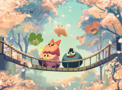Rule 34 | bridge, bronto burt, bug, butterfly, character request, cherry blossoms, closed mouth, dango, day, food, food request, gooey (kirby), gordo, highres, holding, holding food, insect, kirby, kirby (series), looking away, nintendo, onigiri, open mouth, outdoors, sanshoku dango, suyasuyabi, wagashi
