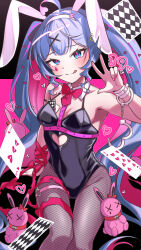 Rule 34 | 1girl, :q, absurdres, ace (playing card), ace of hearts, ahoge, animal ears, black leotard, blue eyes, blue hair, bow, bowtie, breasts, broken heart, card, closed mouth, clothing cutout, collar, commentary, cowboy shot, cuffs, detached collar, fake animal ears, fishnet pantyhose, fishnets, hair intakes, hair ornament, hairband, hand up, handcuff dangle, handcuffs, hatsune miku, heart, heart ahoge, heart cutout, heart in eye, highres, keshikasu9, leotard, long hair, looking at viewer, medium breasts, multicolored hair, nine of hearts, pantyhose, pink nails, pink pupils, playboy bunny, playing card, rabbit ears, rabbit hole (vocaloid), red bow, red bowtie, red collar, red ribbon, ribbon, smile, solo, spaghetti strap, streaked hair, stuffed animal, stuffed rabbit, stuffed toy, symbol in eye, teardrop facial mark, thigh strap, three of hearts, tongue, tongue out, twintails, very long hair, vocaloid, w, white hairband, x hair ornament, x x