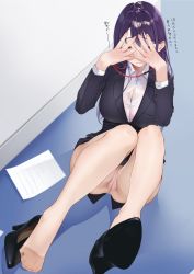 Rule 34 | 1girl, black skirt, blouse, blush, breasts, brown pantyhose, business suit, buttons, cleavage, closed eyes, closed mouth, collared shirt, commentary request, covering face, covering own eyes, crotch seam, dress shirt, embarrassed, fingernails, formal, hair between eyes, hand blush, hands up, highres, id card, lanyard, large breasts, long hair, long sleeves, looking at viewer, miniskirt, mugika, nail polish, office lady, on floor, original, panties, panties under pantyhose, pantyhose, pantyshot, paper, pencil skirt, pink nails, pink panties, purple hair, see-through, see-through legwear, shirt, sitting, skirt, skirt suit, solo, suit, thighband pantyhose, torn clothes, underwear, upskirt, white shirt, wing collar