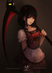 Rule 34 | 1girl, apron, artist name, black skirt, braid, brown hair, cross, fang, fingernails, frilled apron, frills, glowing, glowing eyes, hand up, highres, holding, holding scythe, horns, latin cross, long hair, looking at viewer, open mouth, original, pleated skirt, puffy short sleeves, puffy sleeves, red eyes, scythe, shimmer, short sleeves, side braid, signature, single braid, skirt, skull, solo, waist apron, white apron