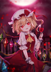 Rule 34 | 1girl, ascot, blonde hair, collared shirt, cowboy shot, crystal, cup, fang, flandre scarlet, frilled shirt collar, frilled skirt, frilled sleeves, frills, hat, hat ribbon, highres, holding, holding cup, kutabiretainu, looking at viewer, medium hair, mob cap, open mouth, puffy short sleeves, puffy sleeves, red eyes, red ribbon, red skirt, red vest, ribbon, shirt, short sleeves, skirt, skirt set, solo, touhou, vest, white hat, white shirt, wings, wrist cuffs, yellow ascot