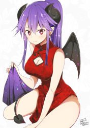 Rule 34 | 1girl, bare legs, breasts, chikanoko, china dress, chinese clothes, cleavage, cleavage cutout, closed mouth, clothing cutout, commentary request, curled horns, dated, demon girl, demon horns, demon tail, demon wings, dress, hair between eyes, horns, long hair, medium breasts, original, pointy ears, ponytail, ragho no erika, red dress, red eyes, sidelocks, signature, simple background, smile, solo, tail, wings