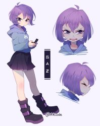 Rule 34 | 1girl, ahoge, artist name, blue sweater, bob cut, boots, character name, gazlene membrane, handheld game console, invader zim, long hair, purple eyes, purple footwear, purple hair, short hair, skirt, solo, sweater, tongue, tongue out, v-shaped eyebrows, very long hair, yoyochaan