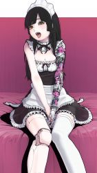 Rule 34 | 1girl, apron, between legs, black hair, blush, breasts, hand between legs, highres, joints, long hair, looking at viewer, maid apron, maid headdress, mechanical arms, mechanical legs, on bed, open mouth, original, robot joints, single mechanical arm, single mechanical leg, single thighhigh, sitting, sleeveless, small breasts, sukabu, thighhighs, tongue, tongue out, yellow eyes