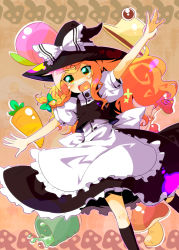 Rule 34 | 1girl, blonde hair, bow, braid, carrot, female focus, food, frills, fruit, hat, highres, kirisame marisa, long hair, mushroom, new super marisa land, peach, smile, solo, sw (taco), touhou, witch, witch hat