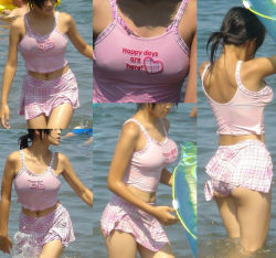 Rule 34 | 1girl, asian, beach, breasts, large breasts, miniskirt, nipples, panties, photo (medium), skirt, underwear, wet