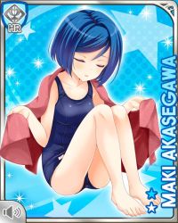 Rule 34 | 1girl, akasegawa maki, barefoot, blue background, blue hair, character name, closed mouth, competition swimsuit, closed eyes, facing viewer, frontal view, girlfriend (kari), official art, one-piece swimsuit, purple eyes, qp:flapper, short hair, solo, swimsuit, tagme, towel, towel around neck