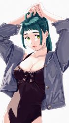 Rule 34 | 1girl, absurdres, adjusting hair, ahoge, alternate costume, arms up, blush, breasts, cleavage, covered navel, cowboy shot, green eyes, green hair, highres, huge filesize, irako (kancolle), jacket, kantai collection, large breasts, long hair, looking at viewer, ojipon, open mouth, ponytail, simple background, smile, solo, swimsuit, swimsuit under clothes, white background