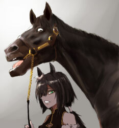 Rule 34 | 1girl, 1other, bare shoulders, black hair, braid, bridle, creature and personification, crown braid, fantomyu, from side, gradient background, green eyes, horse, horse girl, kin&#039;iro ryotei (umamusume), long hair, low ponytail, open mouth, real life, simple background, stay gold (racehorse), umamusume, white background