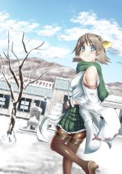 Rule 34 | 1girl, blue sky, boots, breath, brown hair, brown thighhighs, building, cloud, commentary request, cowboy shot, day, detached sleeves, dutch angle, flipped hair, green skirt, hairband, headgear, hiei (kancolle), highres, japanese clothes, kantai collection, landscape, mountain, oohashi yanta, outdoors, pantyhose, parted lips, plaid, purple eyes, ribbon-trimmed sleeves, ribbon trim, scarf, short hair, sign, skirt, sky, smile, snow, solo, standing, thigh boots, thighhighs, tree