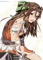 Rule 34 | 10s, 1girl, arm grab, brown eyes, brown hair, commentary request, detached sleeves, forehead protector, from side, hachimaki, hair intakes, headband, highres, jintsuu (kancolle), jintsuu kai ni (kancolle), kantai collection, leaning forward, long hair, looking at viewer, looking to the side, mecha musume, messy hair, open mouth, school uniform, serafuku, sitting, solo, torn clothes, twitter username, uno ryoku, white background, yutaka nori yoku