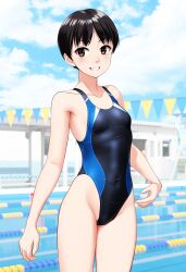 Rule 34 | 1girl, absurdres, black hair, black one-piece swimsuit, blurry, blurry background, borrowed character, breasts, brown eyes, commentary request, competition swimsuit, covered navel, cowboy shot, grin, groin, highleg, highleg swimsuit, highres, multicolored clothes, multicolored swimsuit, one-piece swimsuit, original, pool, short hair, small breasts, smile, solo, standing, string of flags, swimsuit, takafumi, variant set