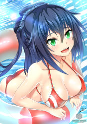 Rule 34 | 1girl, absurdres, ass, bikini, black hair, breasts, cleavage, green eyes, highres, innertube, large breasts, long hair, looking at viewer, nez-box, open mouth, original, ponytail, smile, solo, striped bikini, striped clothes, swim ring, swimsuit, water