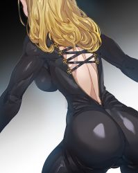 1girl ass black_bodysuit blonde_hair bodysuit bow_(bhp) breasts cowboy_shot from_behind grey_background kisara_(tales) large_breasts long_hair revision skin_tight solo standing tales_of_(series) tales_of_arise