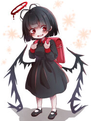 Rule 34 | 1girl, aged down, antenna hair, backpack, bag, black dress, black footwear, black hair, black wings, blood, blood halo, blue archive, blunt bangs, blunt ends, blush, bob cut, buttons, child, collared dress, commentary request, dress, fang, halo, highres, komena (shinyday312), liquid halo, long sleeves, looking at viewer, low wings, mary janes, nervous smile, open mouth, puffy long sleeves, puffy sleeves, randoseru, red bag, red eyes, shadow, shoes, short hair, simple background, skin fang, smile, socks, solo, tsurugi (blue archive), wavy mouth, white background, white socks, wing collar, wings