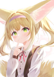 Rule 34 | 1girl, alternate costume, animal ears, arknights, blonde hair, blush, colored tips, commentary request, finger to mouth, fox ears, fox girl, fox tail, green eyes, hairband, highres, kitsune, kyuubi, long sleeves, looking at viewer, multicolored hair, multiple tails, neck ribbon, pink hairband, puffy long sleeves, puffy sleeves, red ribbon, ribbon, shirt, sidelocks, simple background, solo, suzuran (arknights), tail, twintails, two-tone hair, upper body, white background, white hair, white shirt, yuuno (u no 0908)