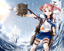 Rule 34 | &gt;:(, 10s, 1girl, aiming, badge, bracelet, breasts, cannon, cowboy shot, firing, frown, hair bobbles, hair ornament, jewelry, kantai collection, looking at another, looking to the side, machinery, mecha musume, midriff, midriff peek, miniskirt, navel, ni konasu, ocean, outstretched arm, pink eyes, pink hair, pleated skirt, sazanami (kancolle), school uniform, serafuku, short hair, short sleeves, short twintails, skirt, solo, splashing, turret, twintails, v-shaped eyebrows, water drop, waves