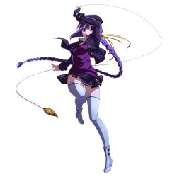 Rule 34 | 00s, 1girl, beret, boots, braid, breasts, eltnum, french-bread, full body, gloves, hair ribbon, hat, high heels, highres, long hair, medium breasts, melty blood, miniskirt, official art, purple eyes, purple hair, ribbon, single braid, single glove, sion eltnam atlasia, skirt, solo, thighhighs, thighs, transparent background, tsukihime, under night in-birth, very long hair, wire, yoshihara seiichi, zettai ryouiki