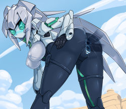 Rule 34 | anus, ass, blue eyes, blush, breasts, censored, double penetration, gundam, gundam build divers, gundam build divers re:rise, hand on own hip, huge ass, large breasts, looking to the side, may (gundam build divers re:rise), mecha, pochincoff, pussy, pussy juice, robot