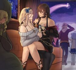 6+girls aponia_(honkai_impact) black_choker black_dress black_pantyhose blue_hair boots bra_strap bridal_gauntlets brown_boots brown_hair butterfly_hair_ornament choker commentary couch cross cross_necklace dress drinking_straw earrings eden_(honkai_impact) elysia_(honkai_impact) english_commentary farcicalhelix green_hair grey_sweater griseo hair_ornament highres honkai_(series) honkai_impact_3rd jewelry long_hair mobius_(honkai_impact) multiple_girls necklace off-shoulder_sweater off_shoulder on_couch pantyhose red_nails shooting_star sitting sitting_on_lap sitting_on_person sleeping_bag sweater vill-v