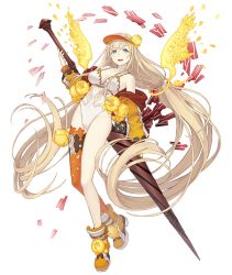 Rule 34 | 1girl, :d, absurdly long hair, aqua eyes, blonde hair, flower, full body, holding, holding lance, holding polearm, holding weapon, ji no, lance, long hair, looking at viewer, official art, open mouth, petals, polearm, rapunzel (sinoalice), single thighhigh, sinoalice, smile, solo, swimsuit, teeth, thighhighs, transparent background, upper teeth only, very long hair, visor cap, weapon