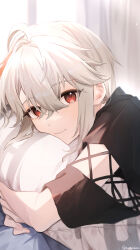 Rule 34 | 1boy, absurdres, crossed bangs, curtains, genshin impact, grey hair, hair between eyes, highres, hugging object, japanese clothes, kaedehara kazuha, looking at viewer, lying, male focus, mashiraion, multicolored hair, on stomach, pillow, pillow hug, red eyes, red hair, smile, solo, streaked hair, twitter username, upper body, white hair