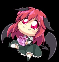 Rule 34 | 1girl, animated, animated gif, bad google+ id, bad id, bat wings, black footwear, blush stickers, chibi, commentary, daniel renard, dated, demon girl, demon tail, demon wings, dress, dress shirt, fangs, flapping, full body, gift, head wings, holding, holding gift, koakuma, long hair, necktie, red eyes, red hair, red necktie, shirt, shoes, sitting, skirt, skirt set, socks, solo, tail, touhou, transparent background, vest, white socks, wings