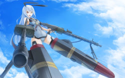 Rule 34 | &gt;:o, 1girl, :o, ahoge, aiming, aiming at viewer, angry, animal ears, bare shoulders, bodysuit, breasts, cloud, covered navel, day, double-drum magazine, drum magazine, dual wielding, female focus, flying, foreshortening, from below, general-purpose machine gun, gun, heterochromia, high-capacity magazine, highres, holding, infinite stratos, kemonomimi mode, laura bodewig, leotard, long hair, looking at viewer, machine gun, magazine (weapon), mecha musume, mg42, motion lines, navel, no eyepatch, open mouth, outdoors, panties, parody, pilot suit, rabbit ears, red eyes, saddle-drum, silver hair, sky, small breasts, solo, speed lines, spread legs, strike witches, striker unit, sunimu, underwear, v-shaped eyebrows, very long hair, wallpaper, weapon, world witches series, yellow eyes