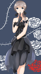 Rule 34 | 1girl, absurdres, ahoge, alternate costume, bare shoulders, black gloves, blue eyes, blush, bow, braid, dress, finger to mouth, floral background, formal, gloves, gown, grey hair, hair bow, highres, hiroshi (hunter-of-kct), light smile, long hair, lynette bishop, single braid, solo, strapless, strapless dress, strike witches, world witches series