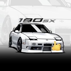 Rule 34 | car, chibi, chris ilst, commission, emoji, highres, motor vehicle, nissan, nissan 180sx, no humans, original, spoiler (automobile), sports car, stance (vehicle), thumbs up, vehicle focus, vehicle name, white car, zoom layer