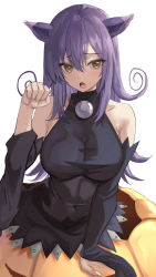 Rule 34 | 1girl, :o, animal ears, bad id, bad pixiv id, bare shoulders, black dress, blair (soul eater), blush, breasts, cat ears, cat girl, detached sleeves, dress, hair ornament, hand up, kesoshirou, large breasts, long hair, long sleeves, looking at viewer, open mouth, paw pose, pumpkin, purple hair, simple background, solo, soul eater, white background, yellow eyes