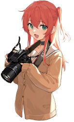 Rule 34 | 1girl, absurdres, blush, bocchi the rock!, camera, cardigan, eiightman, green eyes, hair between eyes, highres, holding, holding camera, kita ikuyo, long hair, long sleeves, looking at viewer, one side up, open mouth, red hair, school uniform, shimokitazawa high school uniform, simple background, sleeves past wrists, smile, solo, white background