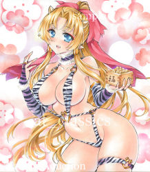 Rule 34 | 1girl, artist name, at classics, beans, bikini, blonde hair, blue eyes, bow, breasts, bridal gauntlets, covered erect nipples, cowboy shot, fang, fur trim, groin, hair bow, hair tubes, holding, horns, large breasts, long hair, looking at viewer, masu, navel, oni, open mouth, original, pointy ears, red bow, sample watermark, setsubun, sidelocks, skindentation, solo, swimsuit, traditional media, very long hair, watermark