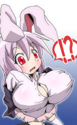 Rule 34 | !, !?, 1girl, ?, animal ears, blazer, blush, breasts, bursting breasts, cleavage, d:, dress shirt, female focus, gorohati, huge breasts, jacket, large breasts, long hair, miniskirt, open mouth, pale skin, perspective, purple hair, rabbit ears, red eyes, reisen udongein inaba, shirt, skirt, solo, standing, straining buttons, taut clothes, taut shirt, thighhighs, touhou, undressing, white thighhighs