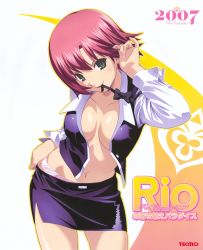 Rule 34 | 1girl, absurdres, breasts, croupier, earrings, green eyes, highres, jewelry, koutaro, large breasts, miniskirt, mouth hold, navel, no bra, panties, pencil skirt, red hair, rio rollins, short hair, skirt, solo, super blackjack, underwear, undressing