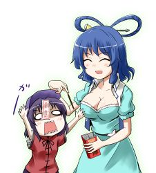 Rule 34 | 2girls, ^ ^, blue hair, blush, breasts, cleavage, closed eyes, food, hair ornament, hair rings, hair stick, hat, jiangshi, kaku seiga, kousei (public planet), large breasts, miyako yoshika, multiple girls, ofuda, open mouth, outstretched arms, pocky, pocky day, purple hair, short hair, touhou, zombie pose
