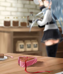 Rule 34 | 1girl, anchor symbol, black thighhighs, blue hair, blurry, blurry background, box, cake, cake slice, chocolate, chocolate cake, depth of field, food, fork, head out of frame, heart-shaped box, hibiki (kancolle), highres, indoors, jar, kantai collection, kitchen, long sleeves, oni (onirenger), open box, plate, shelf, shirt, solo, standing, table, thighhighs, verniy (kancolle), white shirt, wooden table, zettai ryouiki