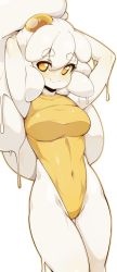 Rule 34 | 1girl, arms behind head, bad id, bad twitter id, borrowed character, breasts, closed mouth, covered navel, egg, egg (lemyawn), egg yolk, highres, leotard, long hair, looking at viewer, medium breasts, monster girl, original, simple background, slime girl, slugbox, solo, thick eyebrows, wavy mouth, white background, white hair, yellow eyes, yellow leotard