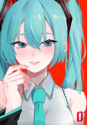 Rule 34 | 1girl, absurdres, aqua eyes, aqua hair, august., bare shoulders, hair between eyes, hand up, hatsune miku, highres, long hair, looking at viewer, nail polish, necktie, parted lips, red background, shirt, sleeveless, solo, twintails, upper body, vocaloid